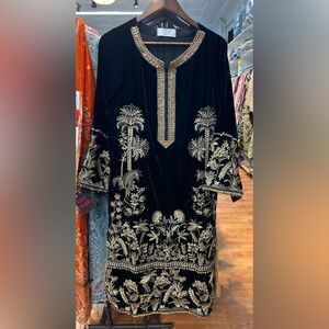 New! IMROZIA Indian Pakistani Moroccan Velvet Gold Palm Tree Kaftan Dress